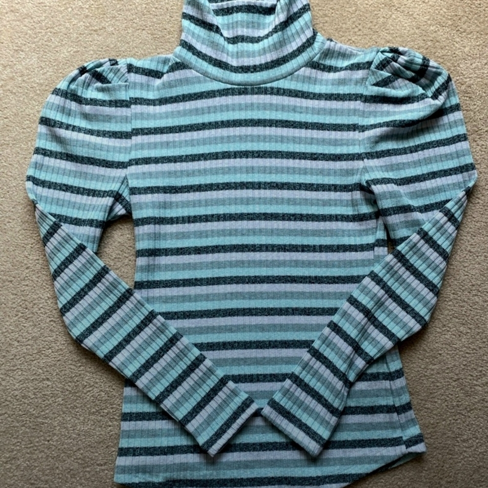 MAEVE Anthropologie Blue and Gray Striped Turtleneck Sweater